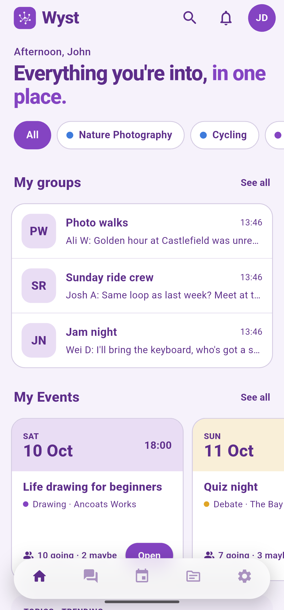 The Wyst home screen: your interests as filters, your groups with their latest messages, and your upcoming events